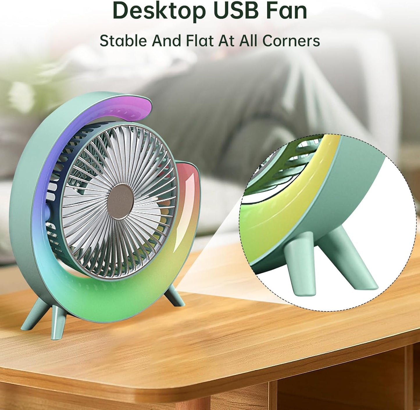 Colorful Desktop Fan | USB Rechargeable, Silent, 3-Speed with LED Ambient Light